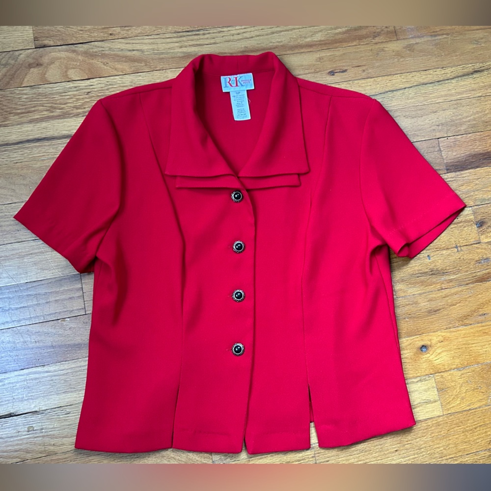 Vintage 1990's Red R&K Suit Cropped Jacket Short Sleeve Petite M Ornate Buttons
